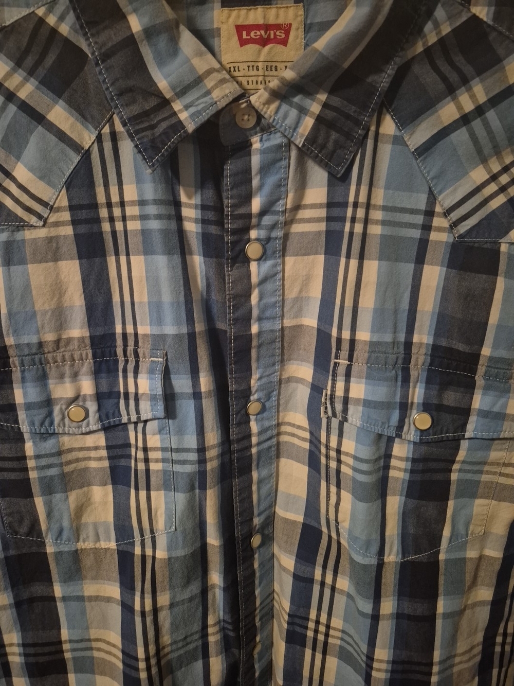 Levi's Short-Sleeve Shirt Mens Western Blue White Plaid Pearl Snap XXL - Picture 4 of 8